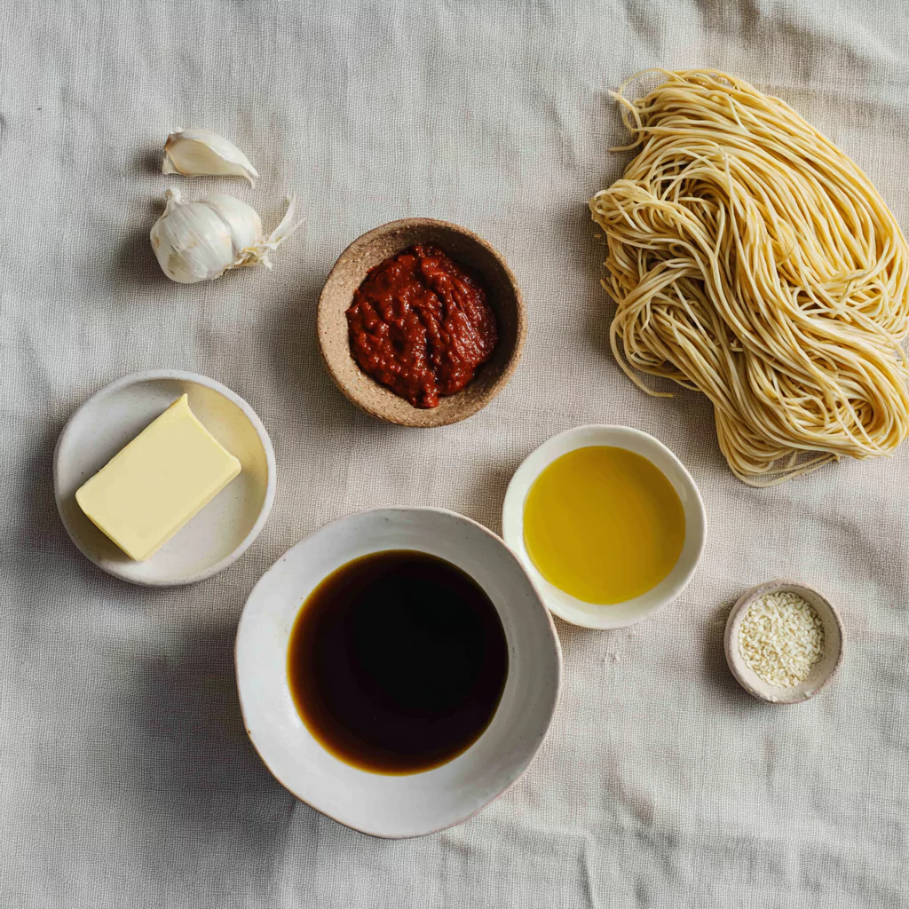 Gochujang Buttered Noodles ingredients on kitchen counter