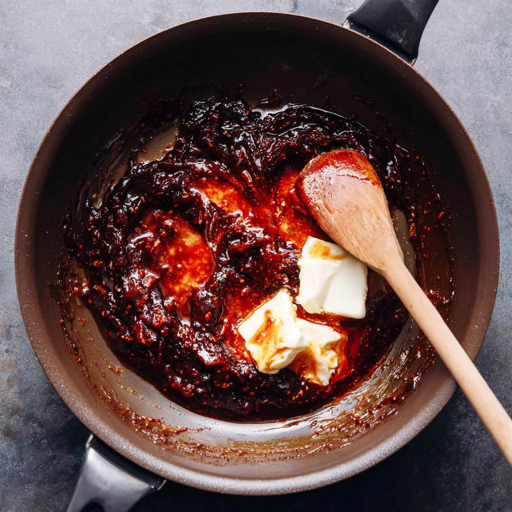 Stirring gochujang butter sauce in a skillet