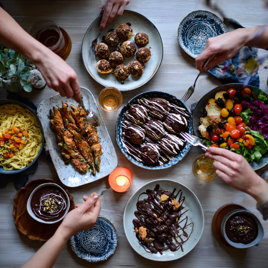 Full lactose free low FODMAP meal spread including dinner and dessert
