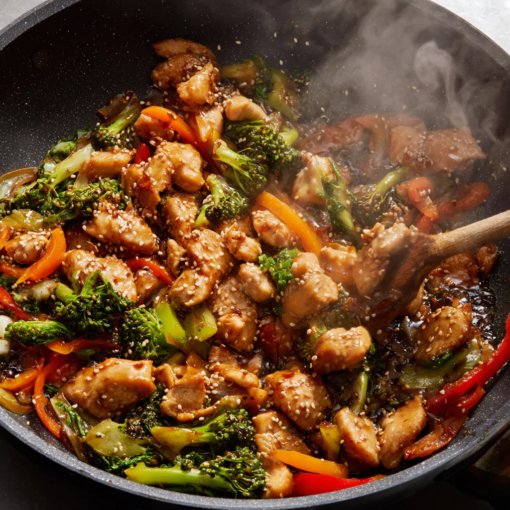 Stir frying chicken and veggies for low FODMAP meal