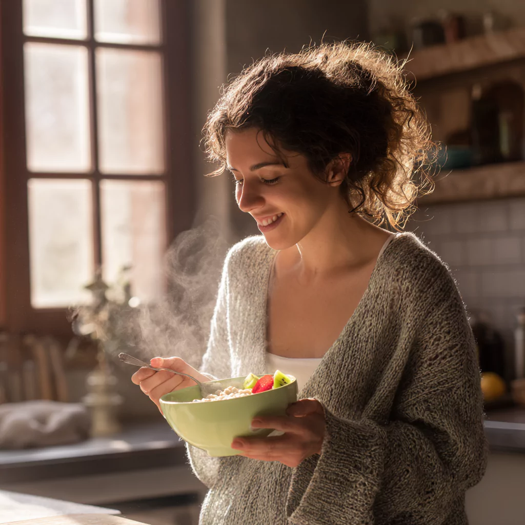 enjoying low FODMAP porridge recipe in morning