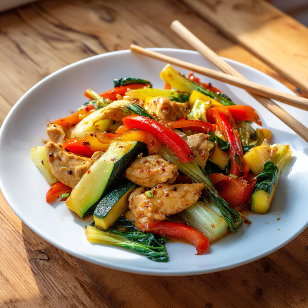 Low FODMAP chicken stir fry with vegetables and garlic-infused oil
