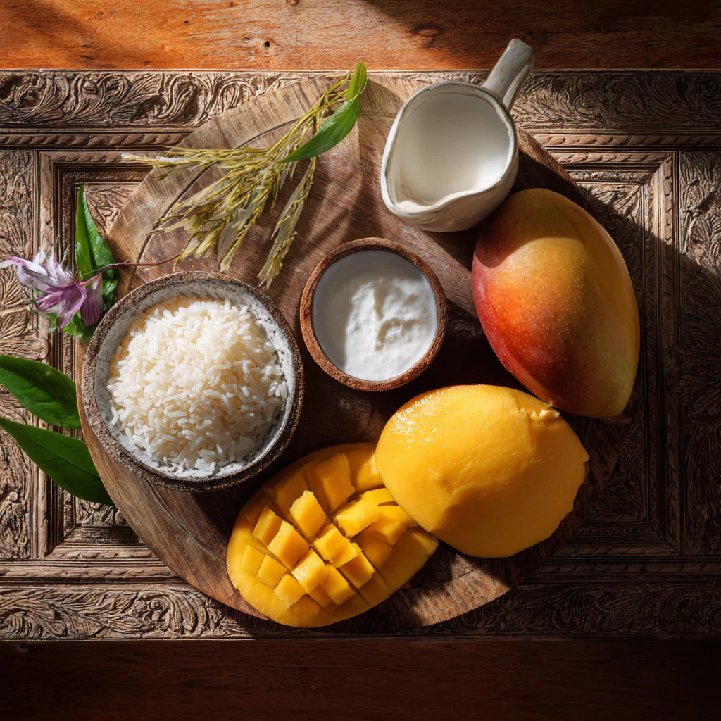 ingredients for mango sticky rice ice cream including mango, coconut milk, and sticky rice