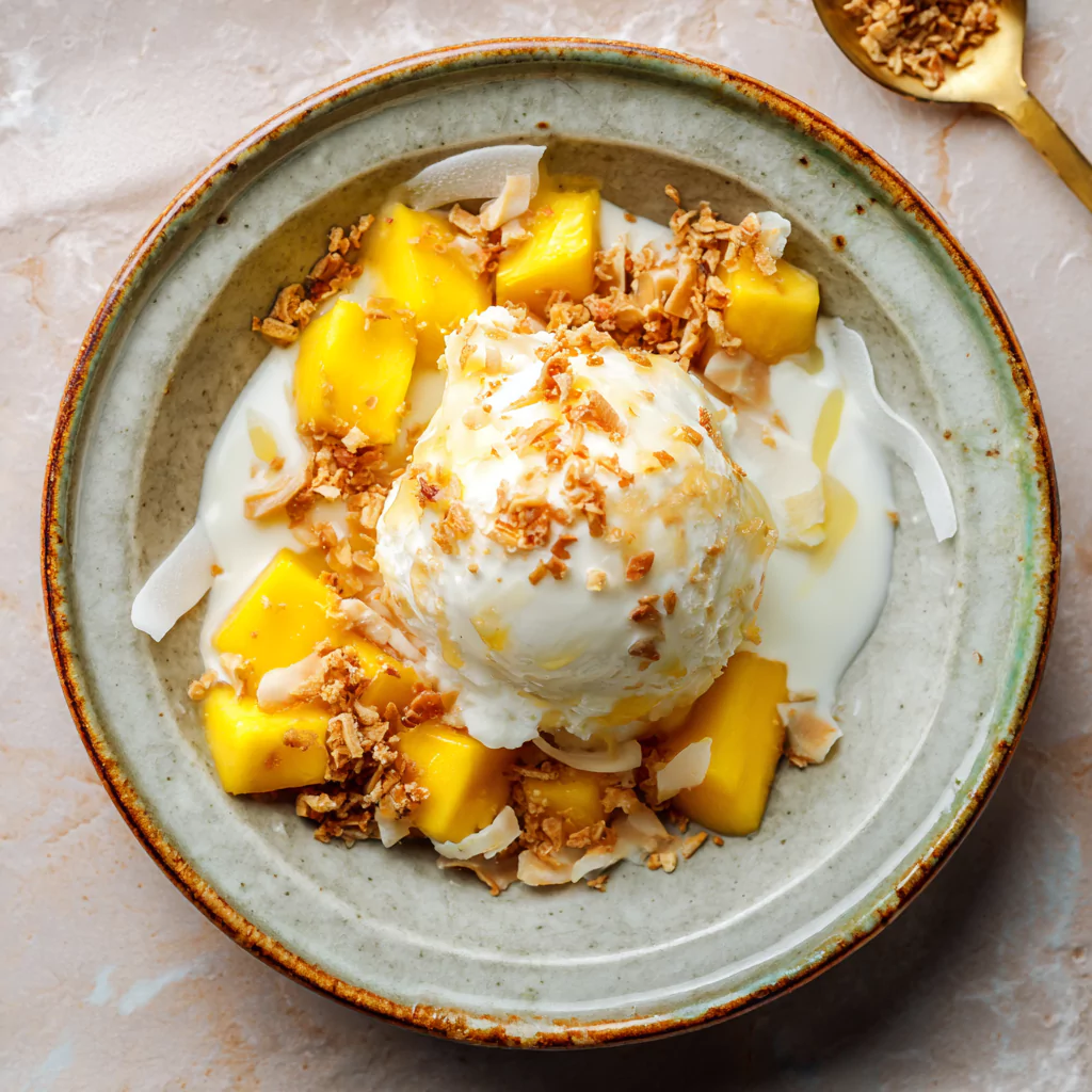 plated mango sticky rice ice cream with tropical garnishes