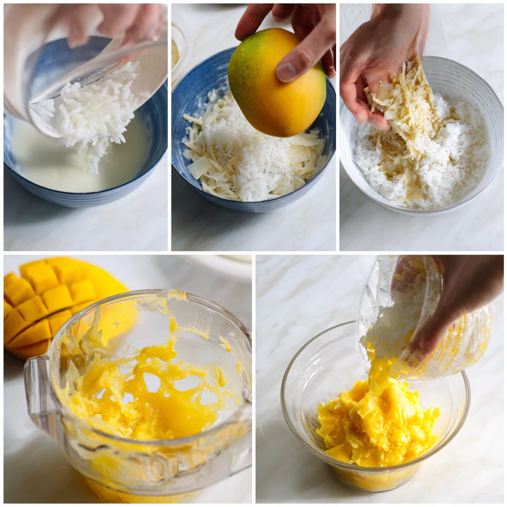 steps showing how to make mango sticky rice ice cream