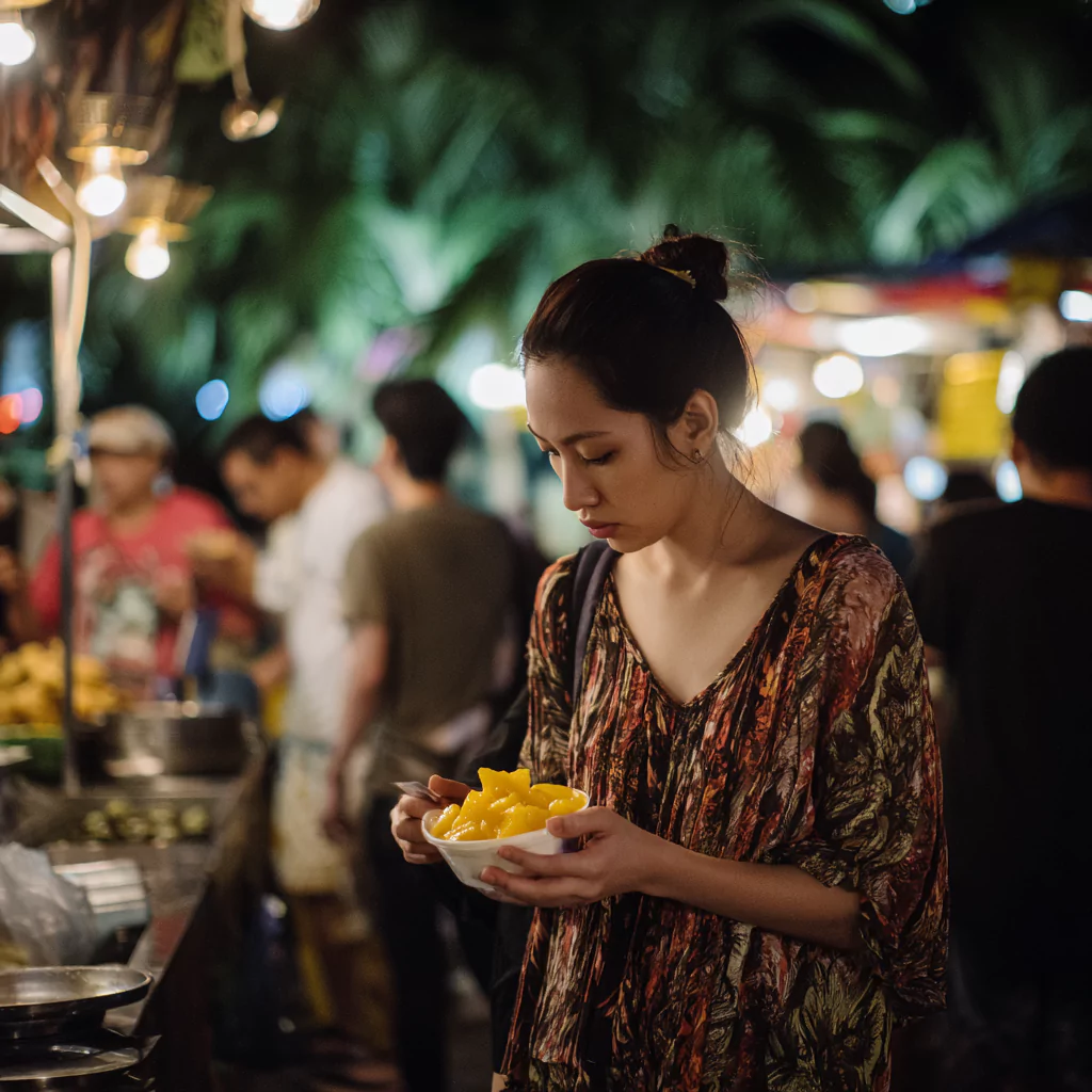 traditional Thai mango sticky rice at a night market