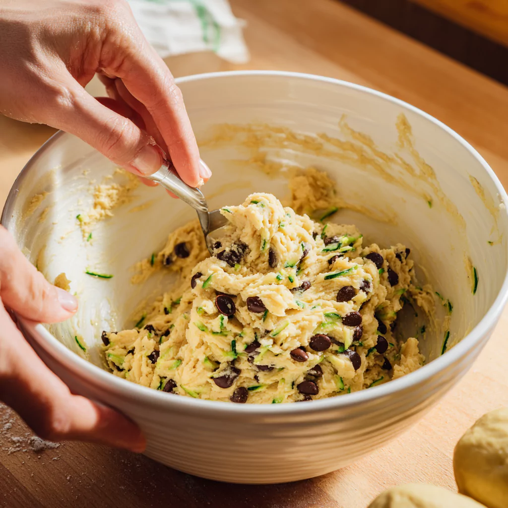 Mixing zucchini cookie dough with chocolate chips