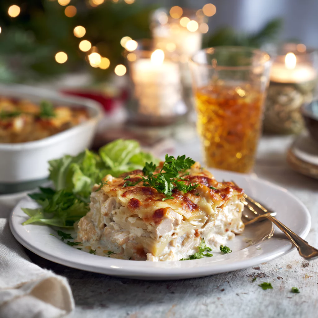 Plated Neiman Marcus chicken casserole with salad and drink on rustic table