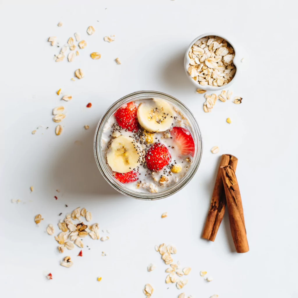 Overnight oats topped with banana and strawberries