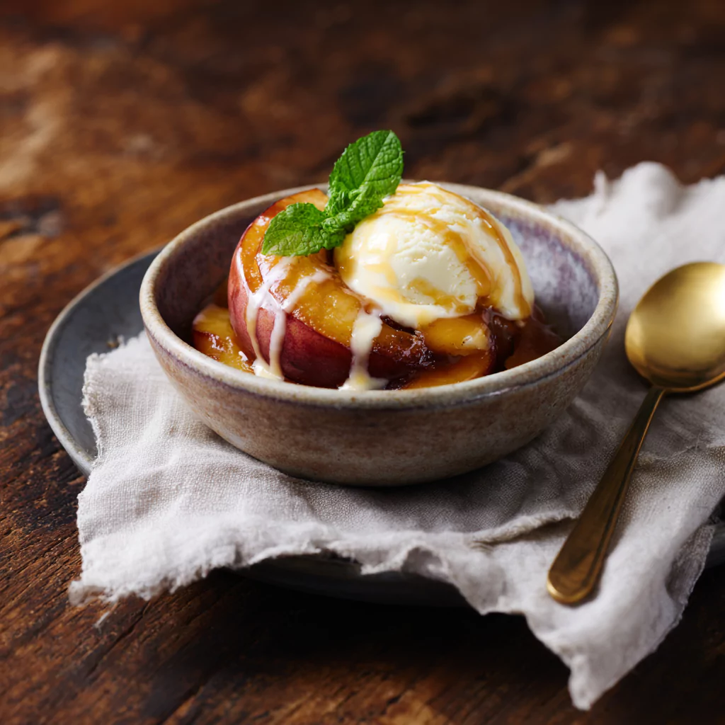 Cinnamon sugar baked peach served warm with vanilla ice cream and caramel drizzle