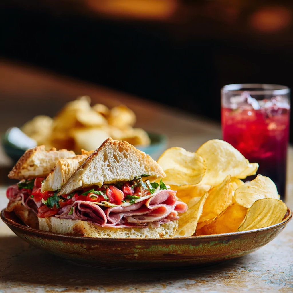 Served chopped Italian sandwich on plate