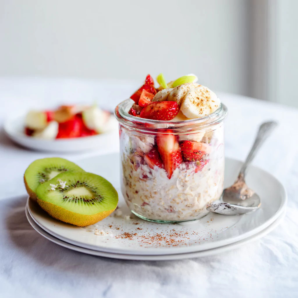 Served overnight oats with toppings
