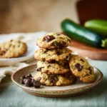 Zucchini Chocolate Chip Cookies stacked on rustic plate