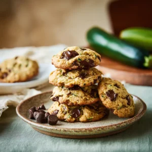 Zucchini Chocolate Chip Cookies stacked on rustic plate