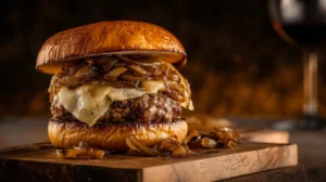 Burgers with French onion soup mix topped with caramelized onions and melted Gruyère cheese.