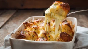 Cheesy Hawaiian roll garlic bread fresh out of the oven with melted cheese and golden crust.
