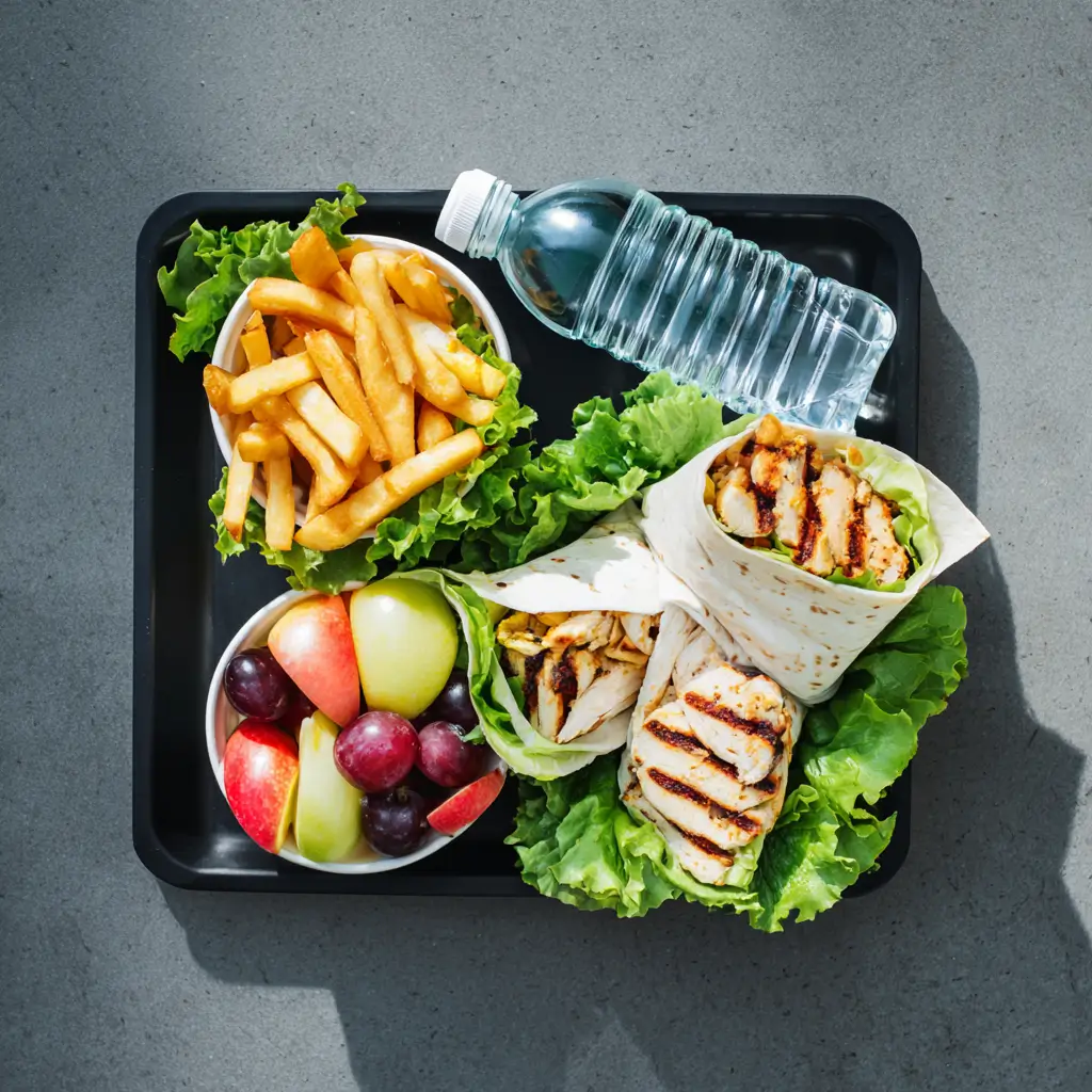 Complete low FODMAP fast food meal – grilled chicken lettuce wrap, fries, fruit cup