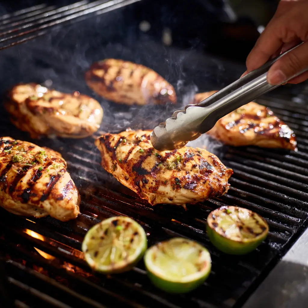 Grilled lime-marinated chicken cooking on barbecue