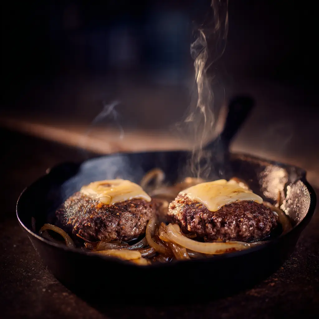 Burger patties with melted cheese and caramelized onions cooking in a skillet.