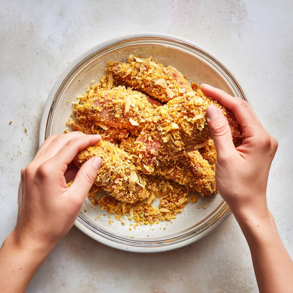 Coating chicken tender in ranch cheddar bacon mixture