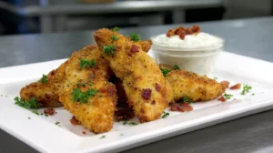 crack chicken tenders recipe on plate with ranch dip, crispy cheddar bacon coating, oven baked