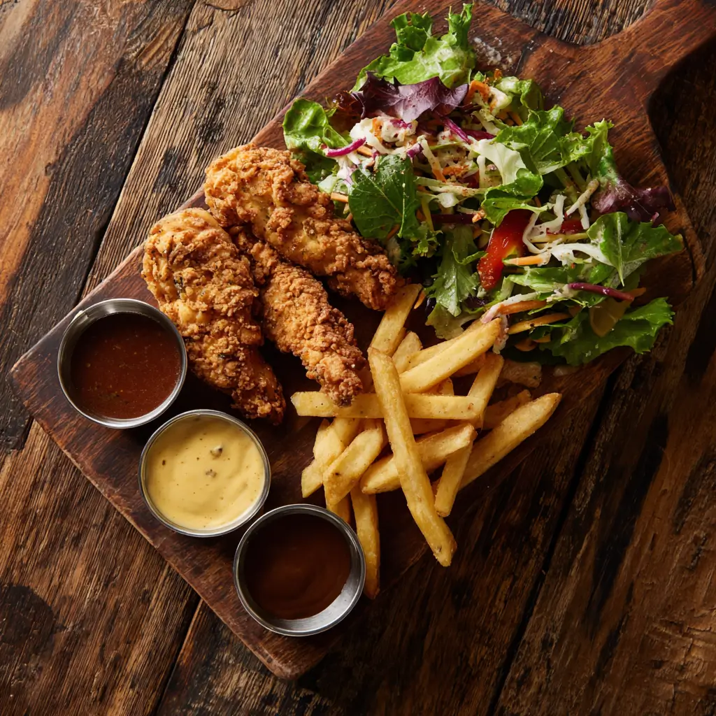 Crack Chicken Tenders served with fries and salad