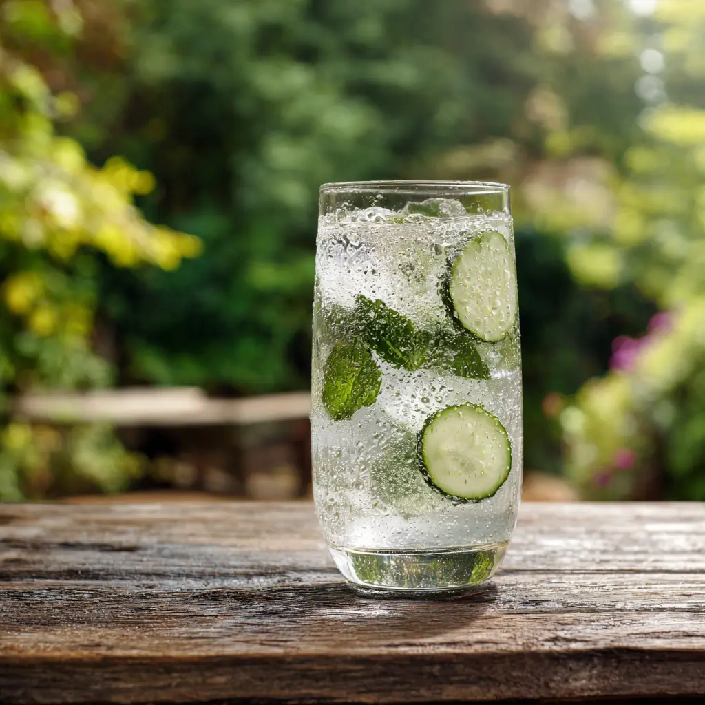 Cucumber mint sparkler low FODMAP drink with ice, mint leaves, and cucumber slices