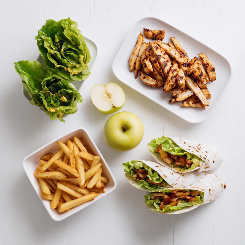 Fast food low FODMAP examples – grilled chicken, lettuce wraps, fries, apple slices, corn tortillas