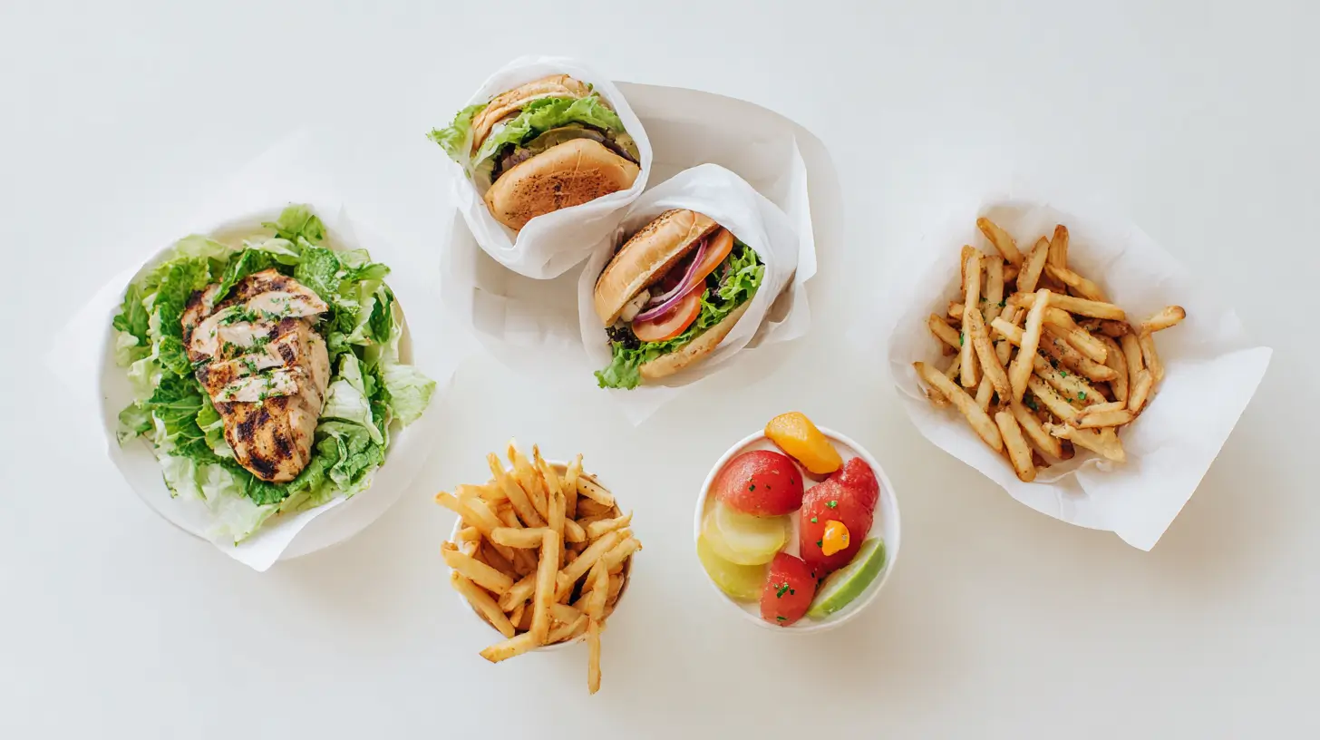 Fast food low FODMAP options – grilled chicken, lettuce wraps, small fries, fruit cup