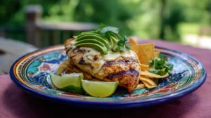 Fiesta Lime Chicken with avocado and lime on colorful plate