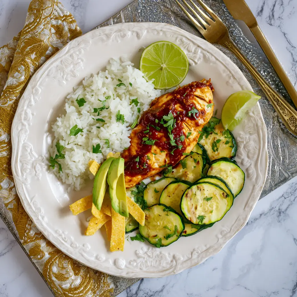 Fiesta Lime Chicken with avocado and sides like rice and zucchini