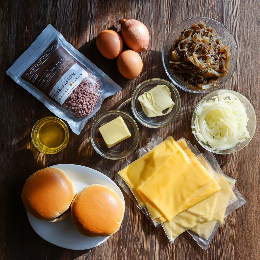 Ingredients for French onion soup burgers laid out on a table.