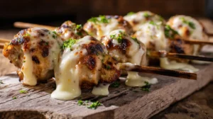 Garlic Mozzarella Chicken Bomb Skewers with melted cheese on rustic platter