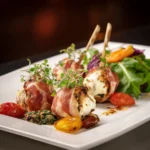 Gourmet Garlic Mozzarella Chicken Skewers with prosciutto and herbs