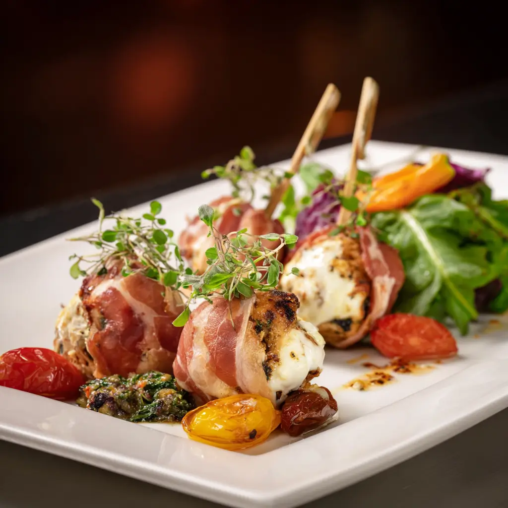Gourmet Garlic Mozzarella Chicken Skewers with prosciutto and herbs