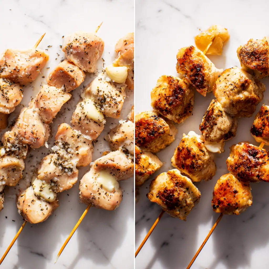 Marinated chicken and grilled Garlic Mozzarella Chicken Skewers side by side