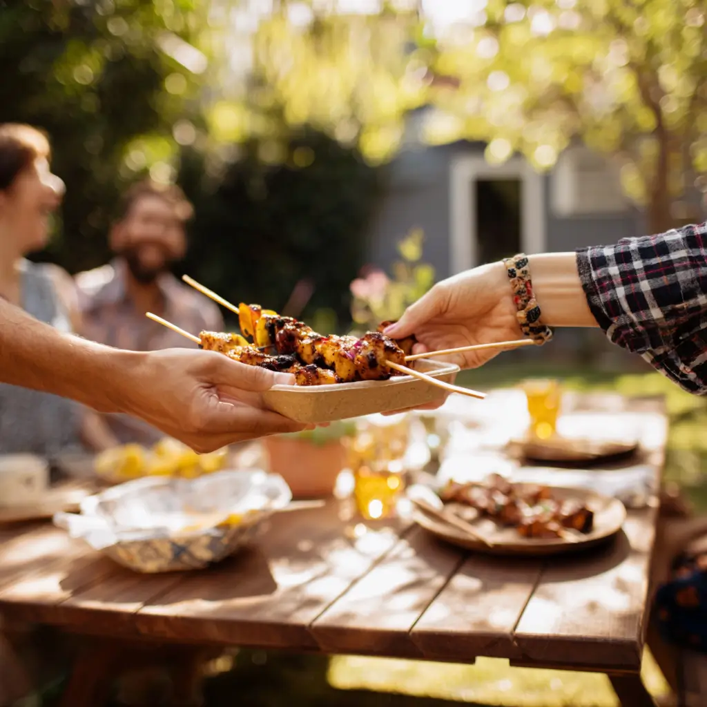 Friends enjoying Garlic Mozzarella Chicken Skewers at a summer BBQ