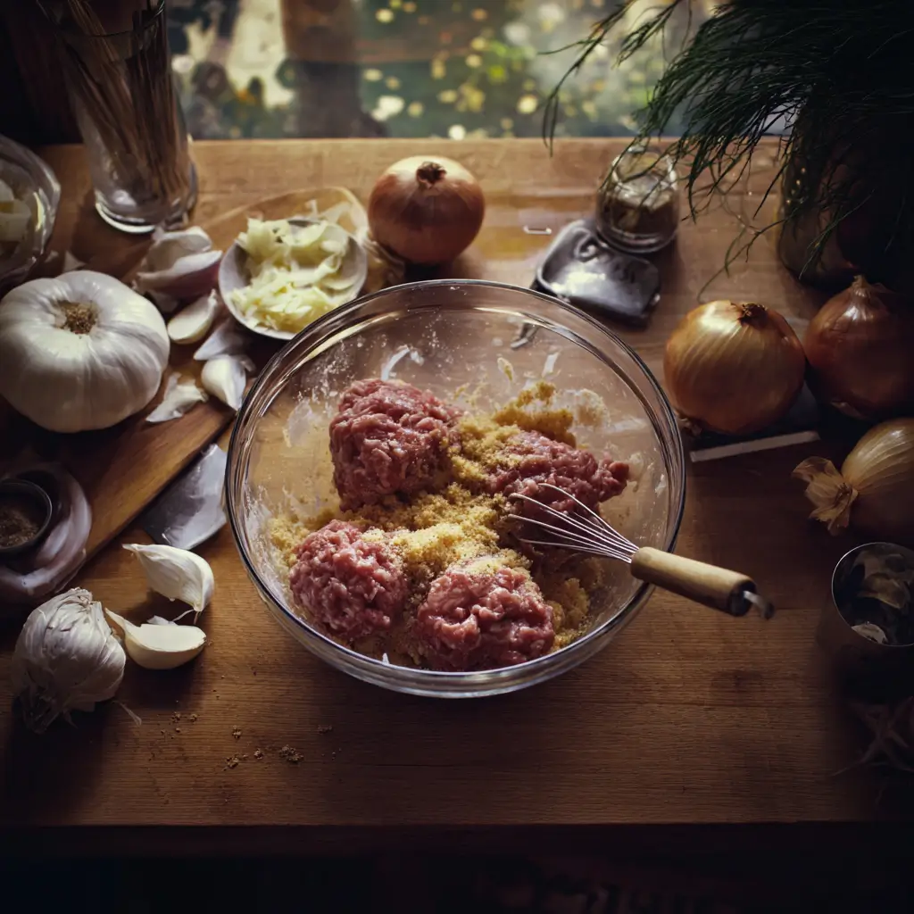 Mixing ground beef with French onion soup mix in a glass bowl.