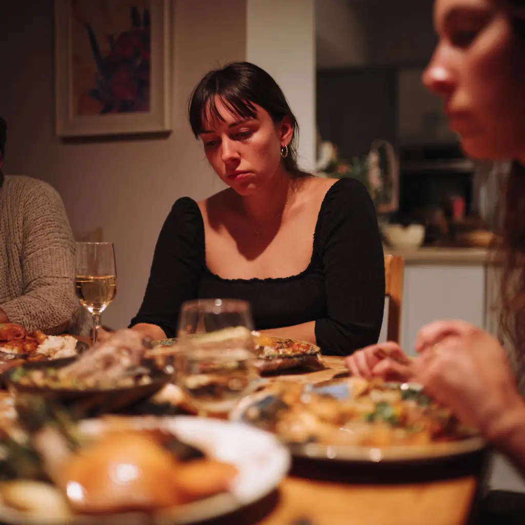 Woman struggling with IBS at family dinner avoiding high FODMAP foods