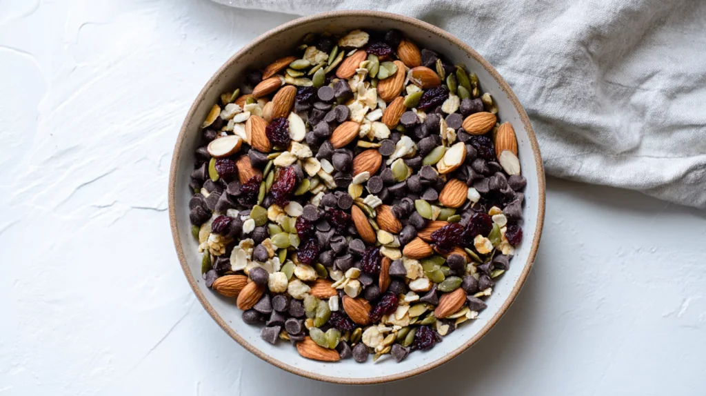 Overhead view of a large bowl of FODMAP friendly trail mix