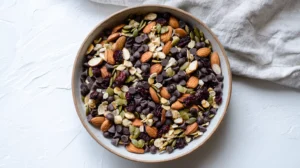 Overhead view of a large bowl of FODMAP friendly trail mix