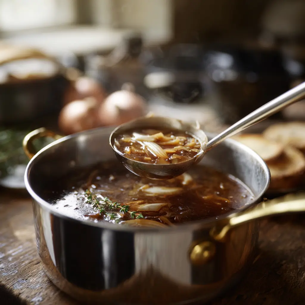 Leftover French onion soup simmering in a saucepan.