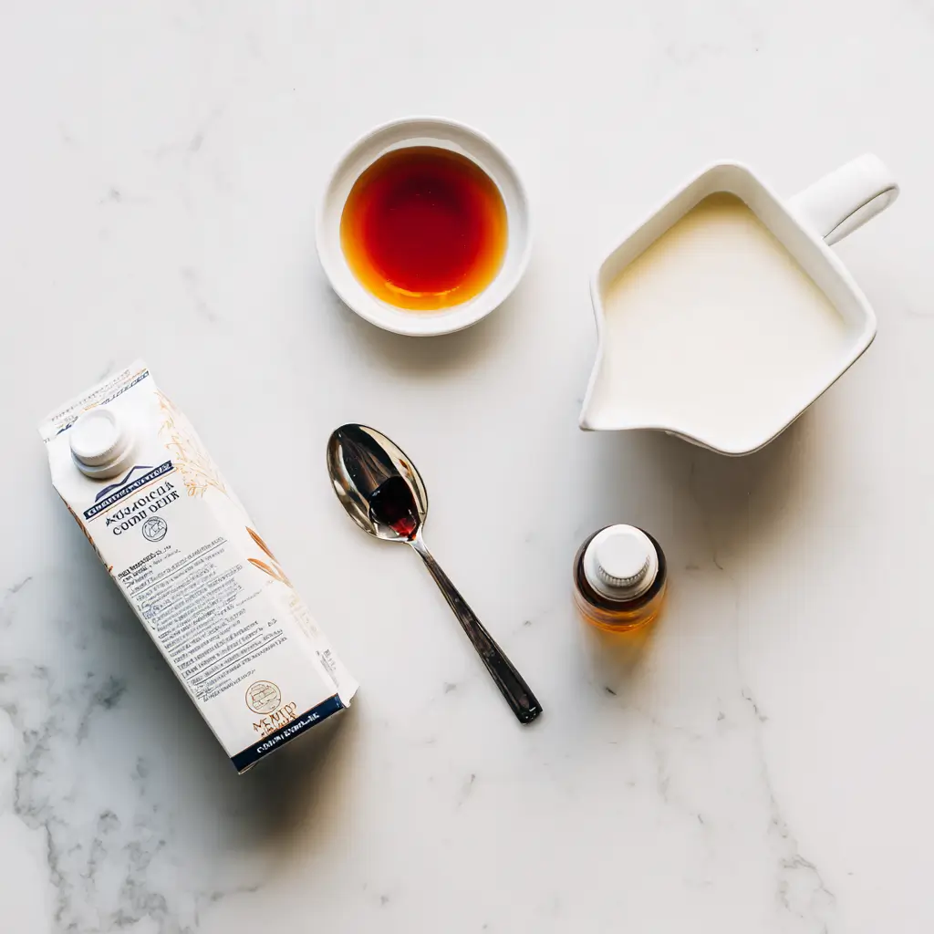 Low FODMAP coffee creamer ingredients laid out on marble surface
