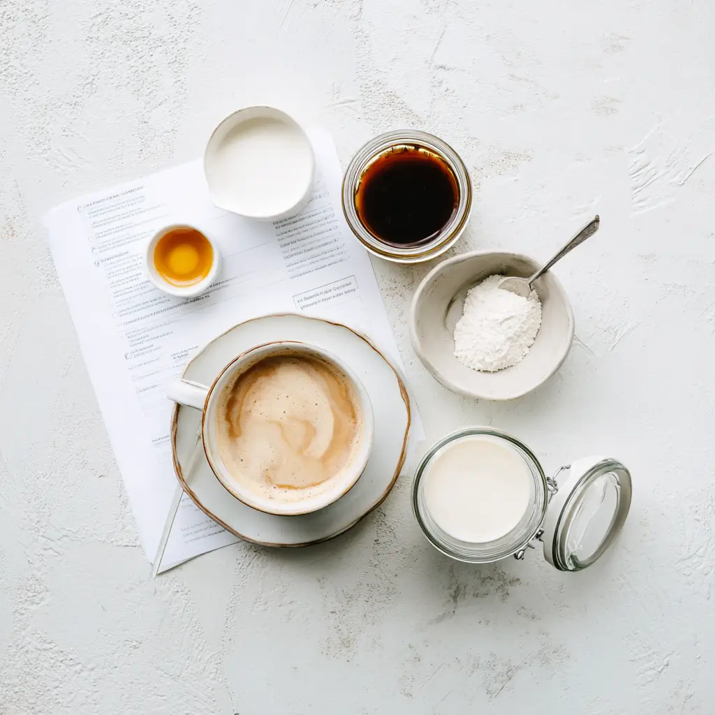 Printable recipe card layout with low FODMAP coffee creamer ingredients and a cup of coffee