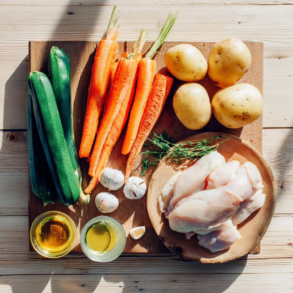 Low FODMAP diet safe foods list with carrots, zucchini, potatoes, chicken, and garlic-infused oil