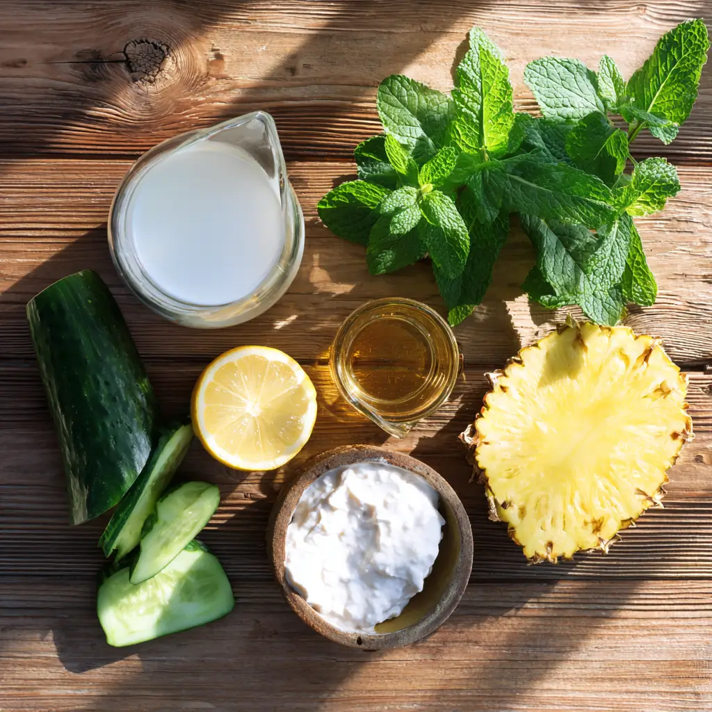 Low FODMAP drink ingredients including mint, cucumber, pineapple, yogurt, lemon, soda water, maple syrup