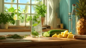 Low FODMAP drinks including cucumber mint sparkling water and tropical IBS-friendly smoothie on kitchen counter