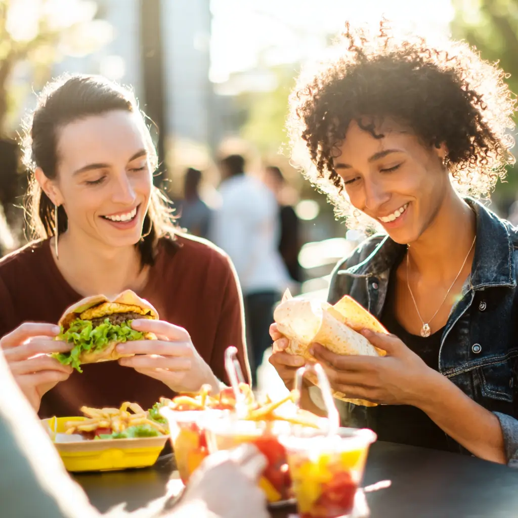 Friends enjoying low FODMAP fast food meals together outdoors