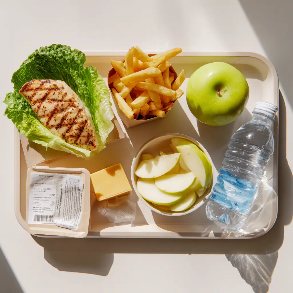 Low FODMAP fast food meal – lettuce-wrapped grilled chicken, fries, apple slices, cheddar cheese, mustard packet, bottled water