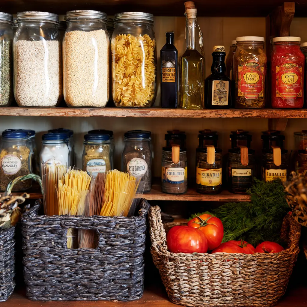 Low FODMAP pantry staples with rice, gluten-free pasta, canned tomatoes, garlic oil, and spices